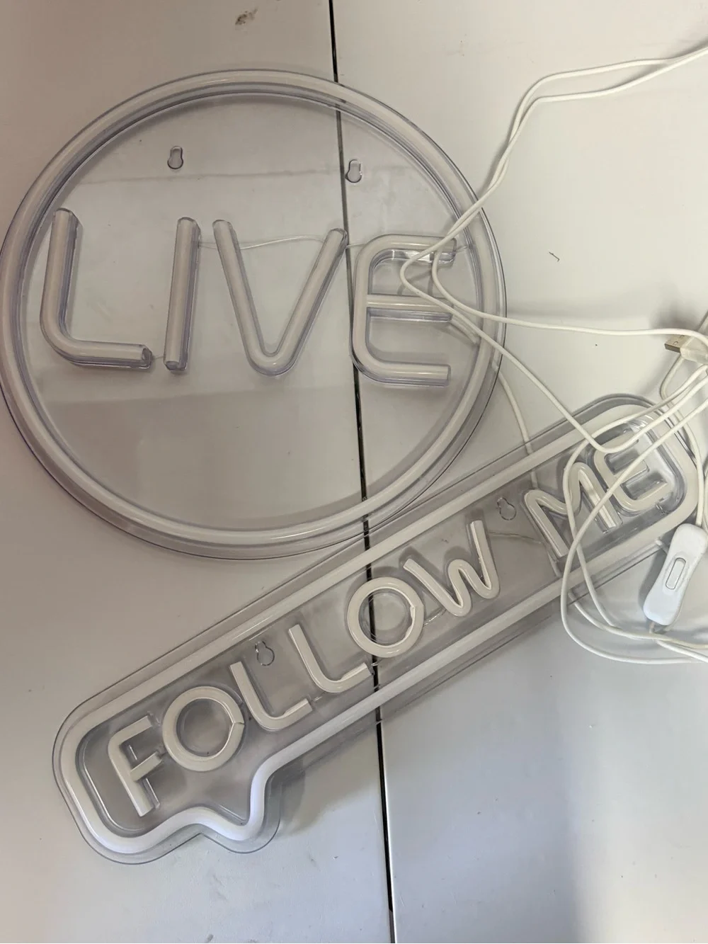 Clear 'Follow Me' & 'Live' LED Wall Signs - White
